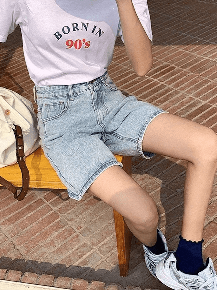 Blue Retro Denim High Waist Shorts with Straight Leg