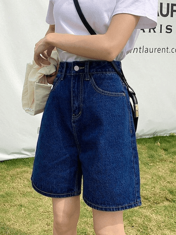 Blue Retro Denim High Waist Shorts with Straight Leg