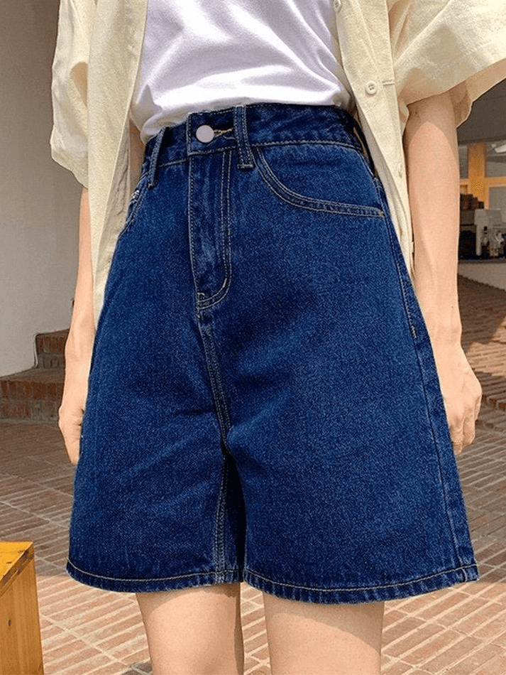 Blue Retro Denim High Waist Shorts with Straight Leg