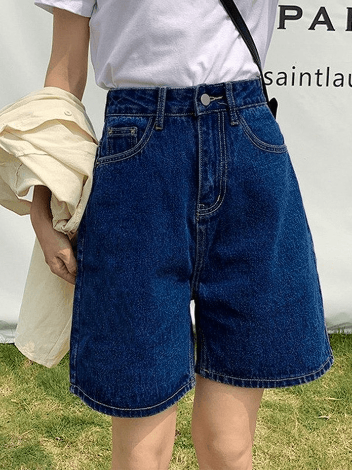 Blue Retro Denim High Waist Shorts with Straight Leg