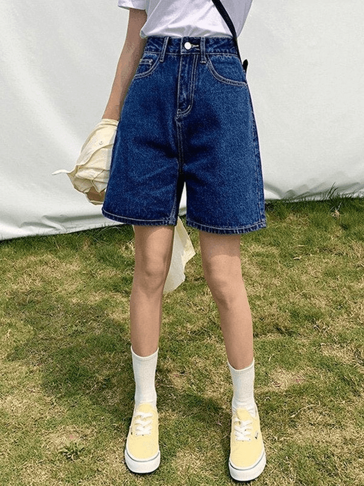 Blue Retro Denim High Waist Shorts with Straight Leg