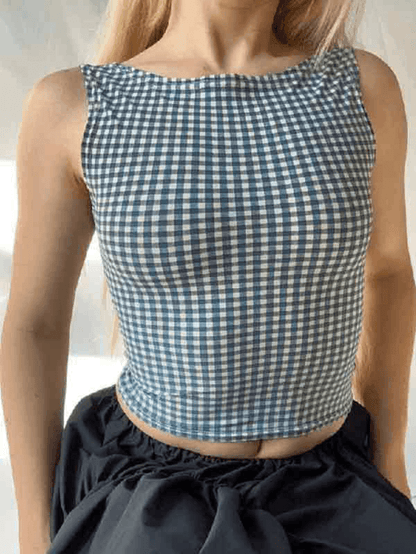 Y2K Houndstooth Print Backless Bow Decor Tank Top