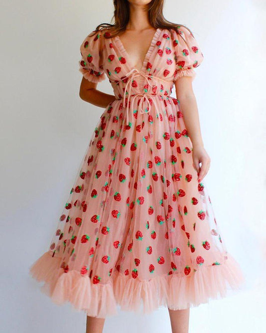 Pink Vintage Style Sequin Strawberry Mesh Pleated Maxi Dress