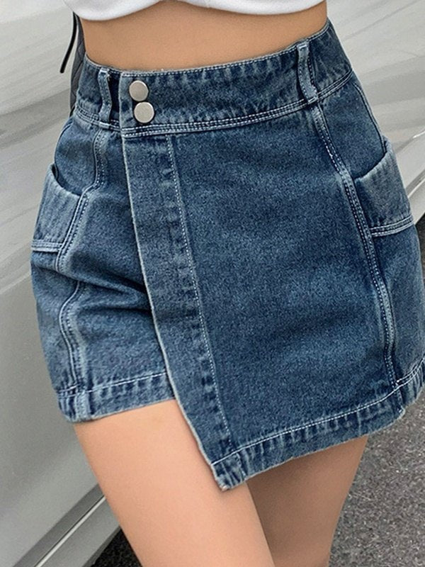 Shorts in denim blu vintage irregolari a vita alta