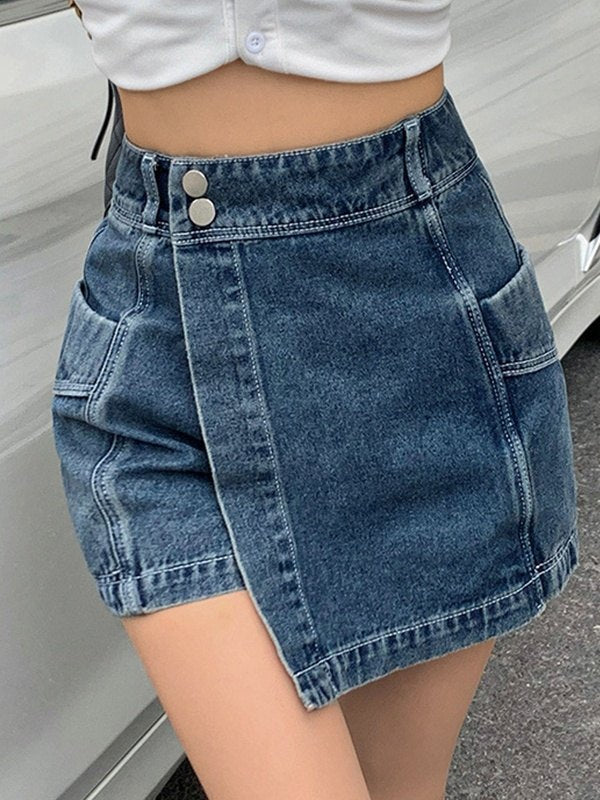 Shorts in denim blu vintage irregolari a vita alta