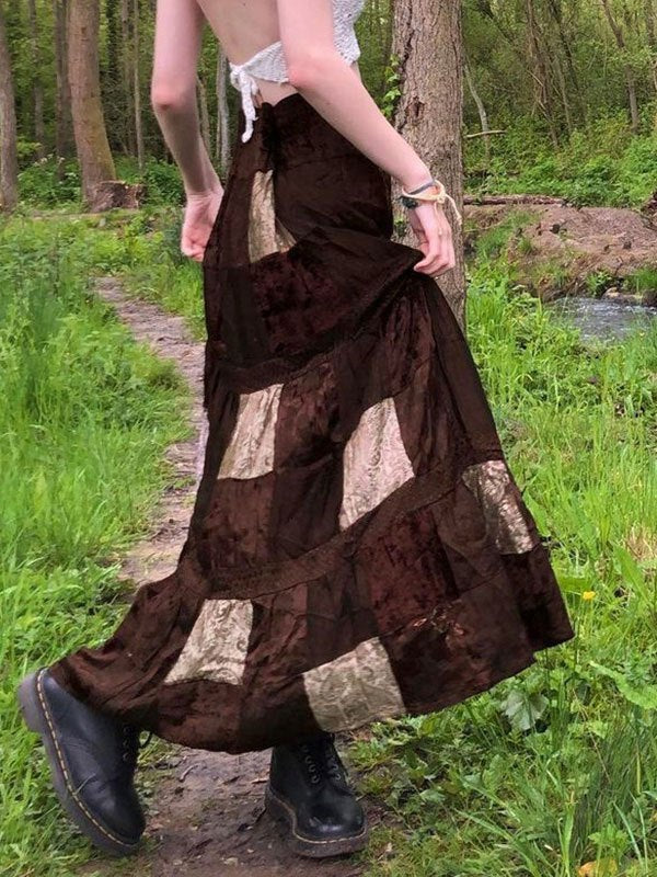 Brown vintage patchwork maxi skirt made of printed velvet