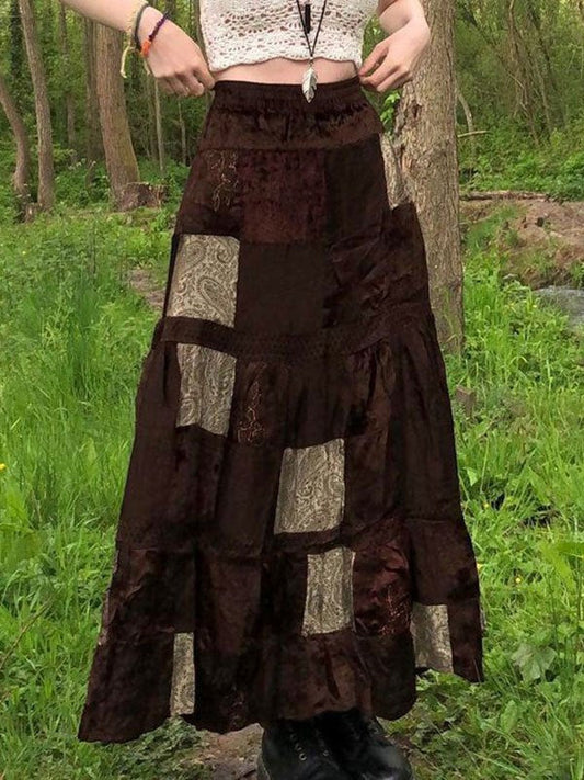 Brown vintage patchwork maxi skirt made of printed velvet