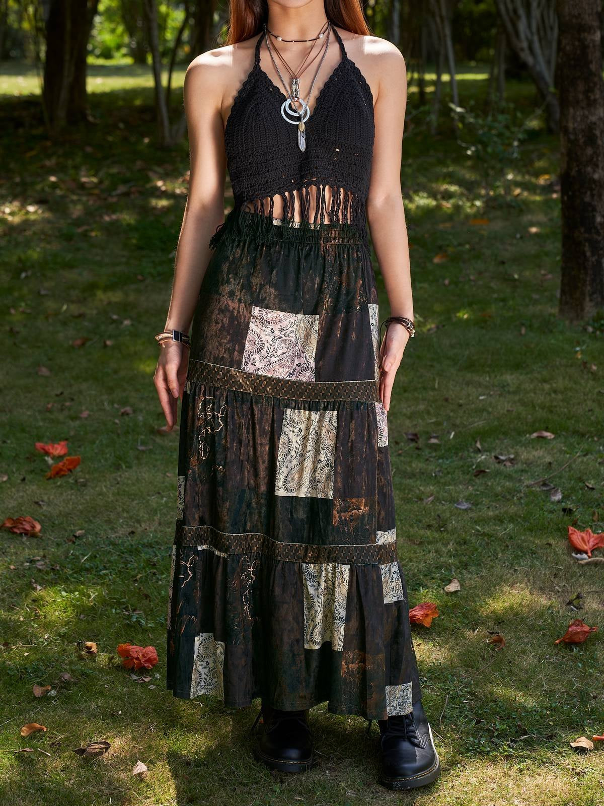 Brown vintage patchwork maxi skirt made of printed velvet