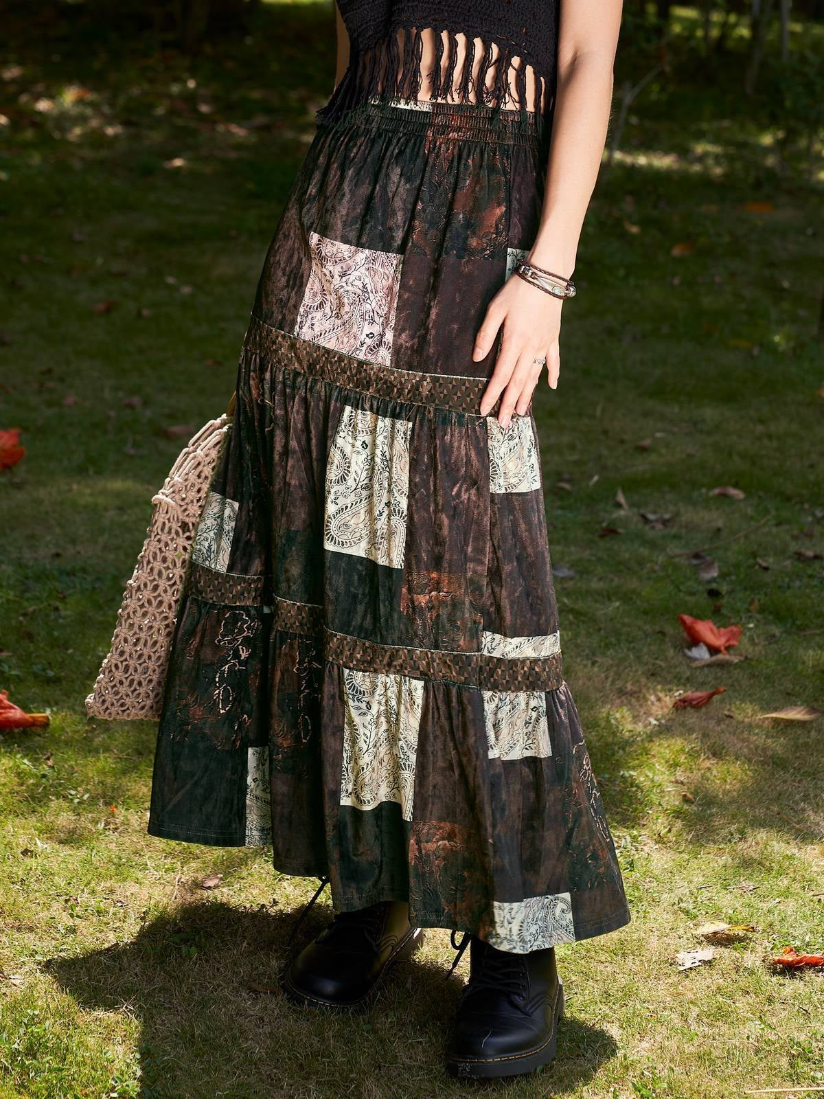 Brown vintage patchwork maxi skirt made of printed velvet