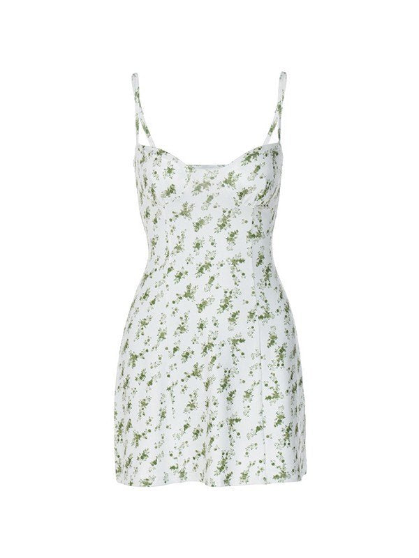 Grünes French Y2K Floral Print Slim Mini Dress