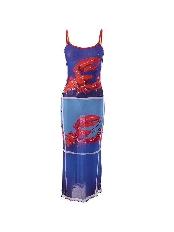 Vintage Mesh Bodycon Maxi Dress with Lobster Print