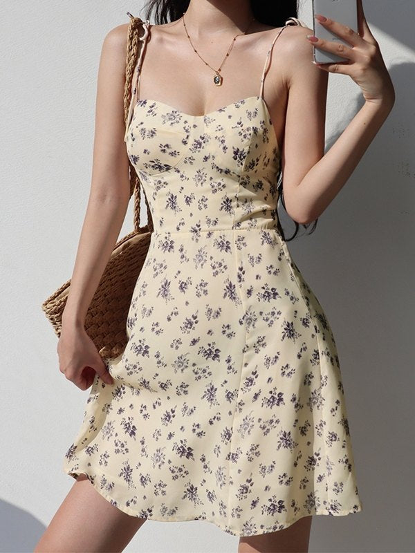 Y2K Floral Slim Mini Dress with V Neck