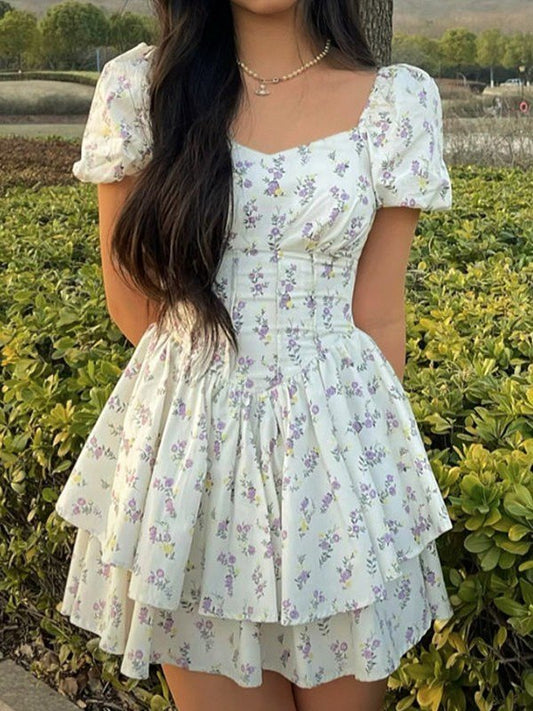 French Floral Print Corset Slim Mini Dress with Puff Sleeves