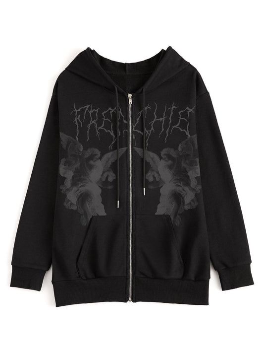 Punk Cherub Print Hoodie mit Reißverschluss