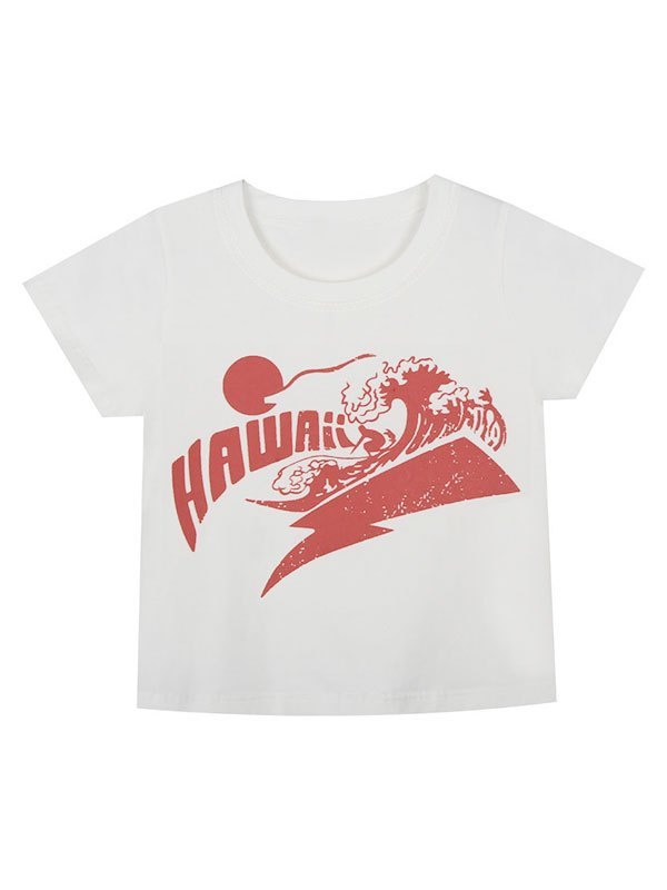 Weißes Bedrucktes Crop Top T-Shirt mit Hawaii Szene