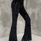 Schwarze Vintage Schlaghose mit Geprägtem Samt und Ausgestelltem Bein
