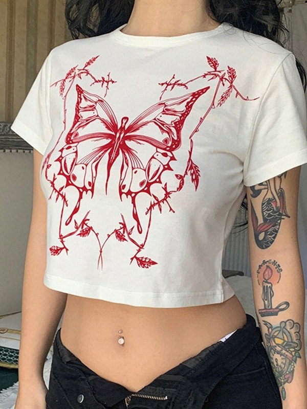 White Y2K butterfly print crop top