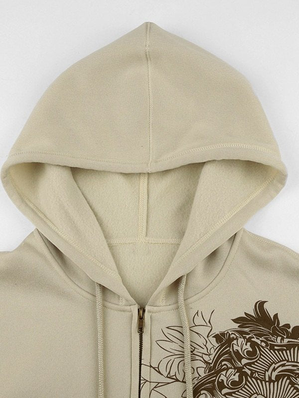 Vintage Khaki Hoodie mit Reißverschluss und Blumen Grafik