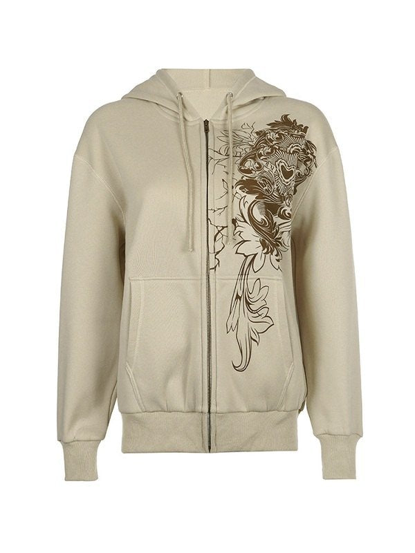 Vintage Khaki Hoodie mit Reißverschluss und Blumen Grafik