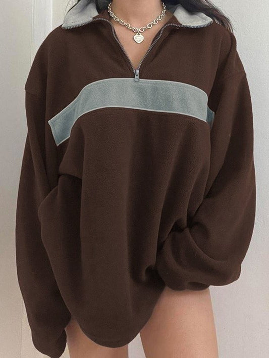 Brown retro sports fleece sweatshirt with patchwork and zipper