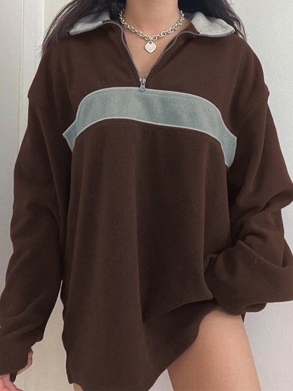 Brown retro sports fleece sweatshirt with patchwork and zipper