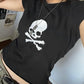 Schwarzes Kurzarm Y2K Crop Top T-Shirt mit Totenkopf Motiv