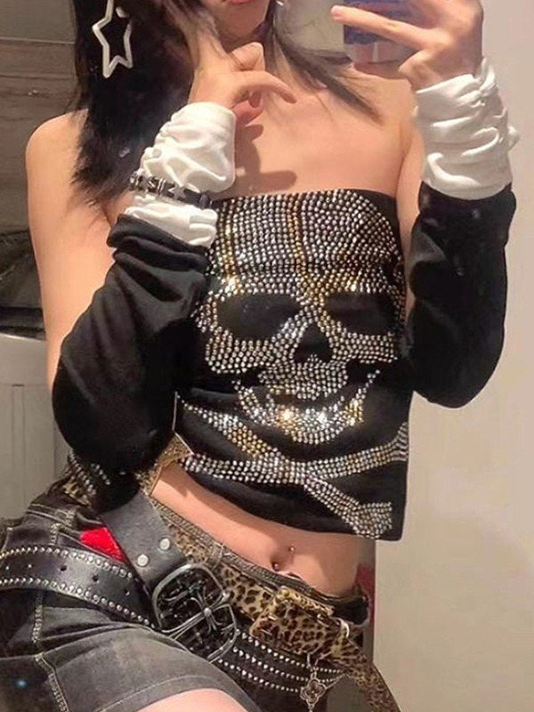 Schwarzes Punk Rhinestone Skull Bandeau Top