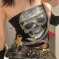 Schwarzes Punk Rhinestone Skull Bandeau Top