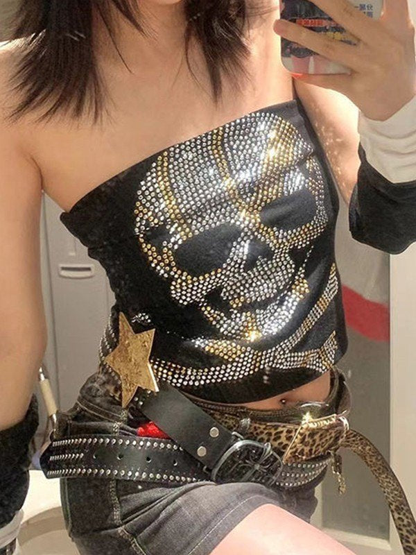 Schwarzes Punk Rhinestone Skull Bandeau Top