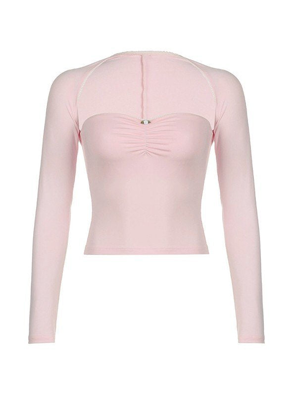 Set top bolero e top a tubo rosa Y2K a maniche lunghe con fiocco