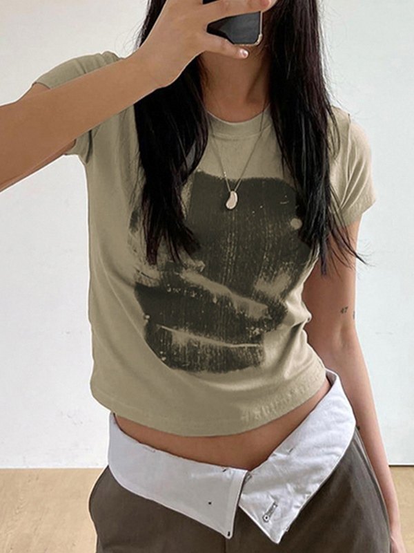 Khaki Vintage Bedrucktes Crop Top mit Kurzen Ärmeln