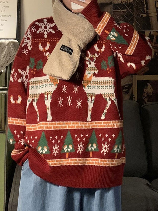 Vintage Red Christmas Deer Crew Neck Sweater