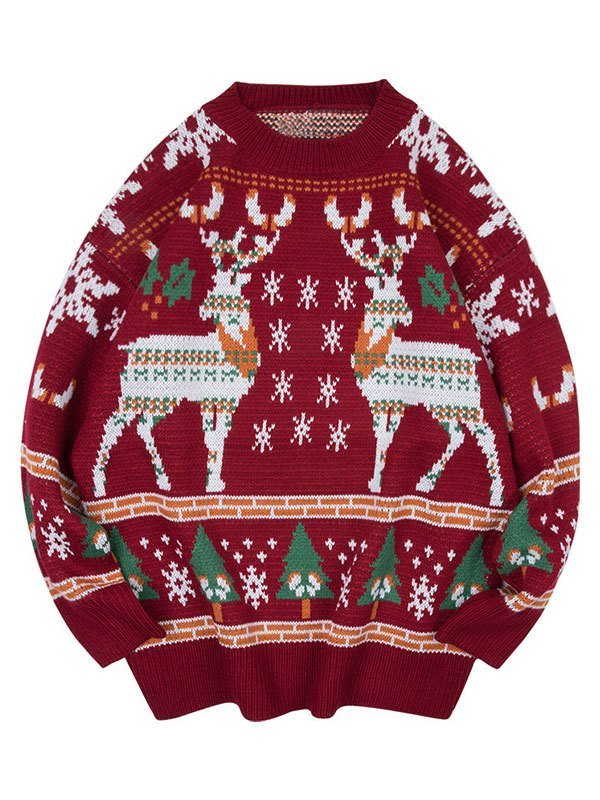 Vintage Red Christmas Deer Crew Neck Sweater