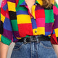 Regenbogenfarbene Vintage Karierte Knopfleiste Bluse mit Kurzen Ärmeln