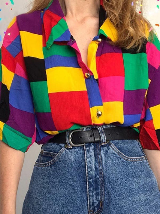 Regenbogenfarbene Vintage Karierte Knopfleiste Bluse mit Kurzen Ärmeln