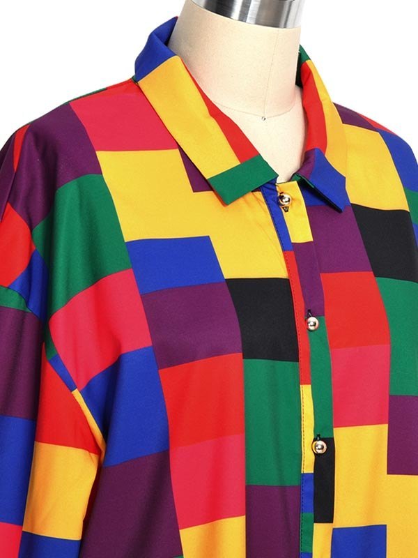 Regenbogenfarbene Vintage Karierte Knopfleiste Bluse mit Kurzen Ärmeln