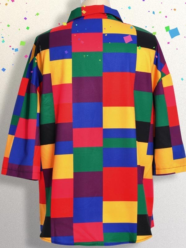 Regenbogenfarbene Vintage Karierte Knopfleiste Bluse mit Kurzen Ärmeln