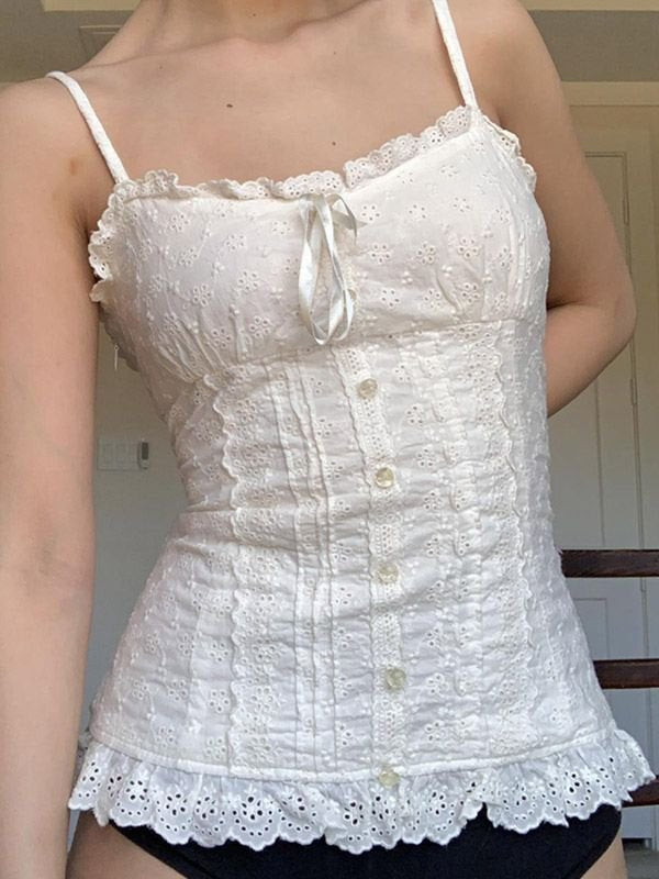 Weißes Vintage Camisole mit Knöpfen und Bestickter Spitze