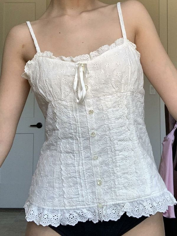 Weißes Vintage Camisole mit Knöpfen und Bestickter Spitze