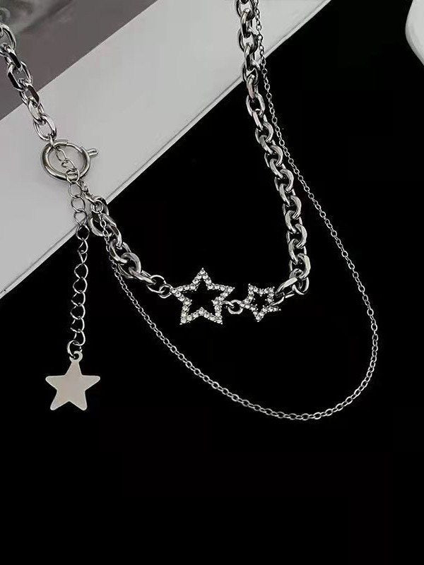 Vintage Silver Necklace with Rhinestone Star Pendant and Layers