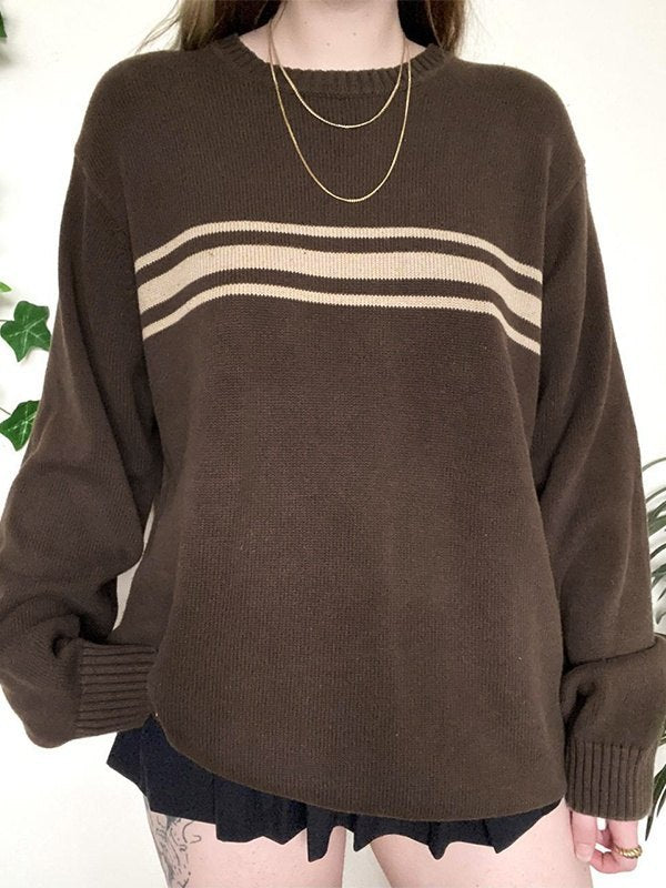 Brauner Vintage Oversize Pullover mit Drei Streifen