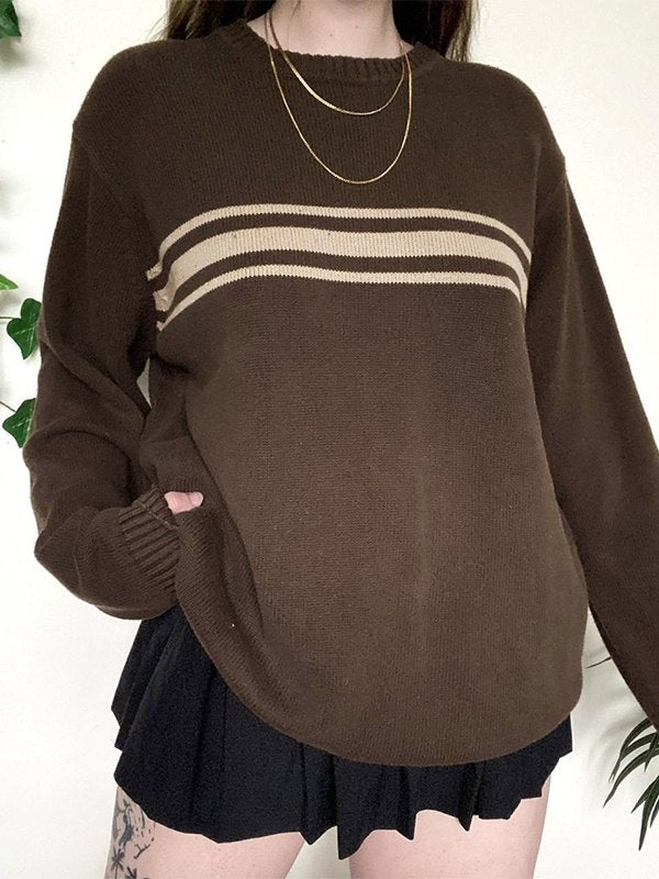 Brauner Vintage Oversize Pullover mit Drei Streifen