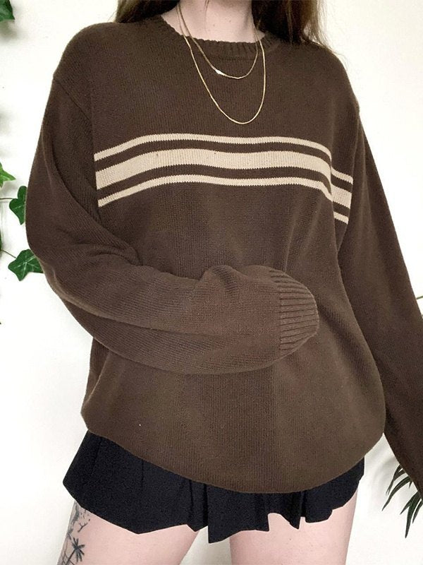 Brauner Vintage Oversize Pullover mit Drei Streifen