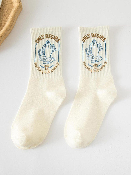 White Cotton Jacquard Details Crew Socks