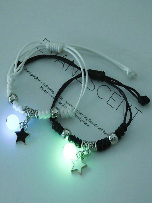 Set of 2 Black White Y2K Star Charm Luminous Rope Bracelet