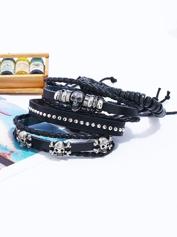 JY Set di braccialetti in pelle pu con teschio hip hop nero da 4 pezzi/Set di braccialetti in pelle pu con teschio hip hop nero da 4 pezzi