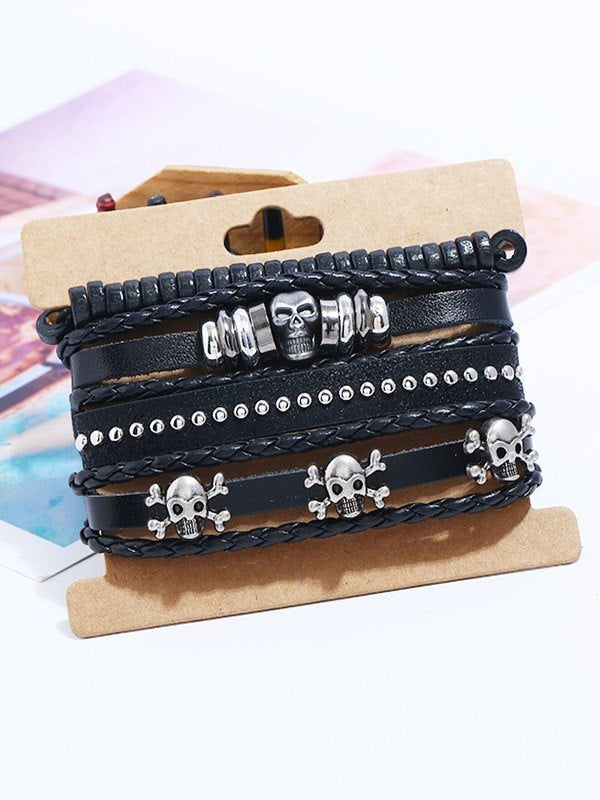 JY Set di braccialetti in pelle pu con teschio hip hop nero da 4 pezzi/Set di braccialetti in pelle pu con teschio hip hop nero da 4 pezzi