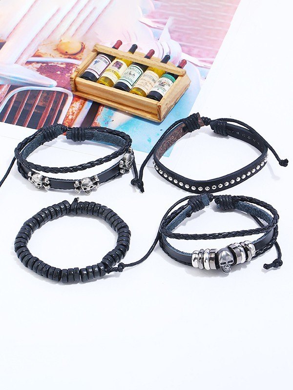 JY Set di braccialetti in pelle pu con teschio hip hop nero da 4 pezzi/Set di braccialetti in pelle pu con teschio hip hop nero da 4 pezzi