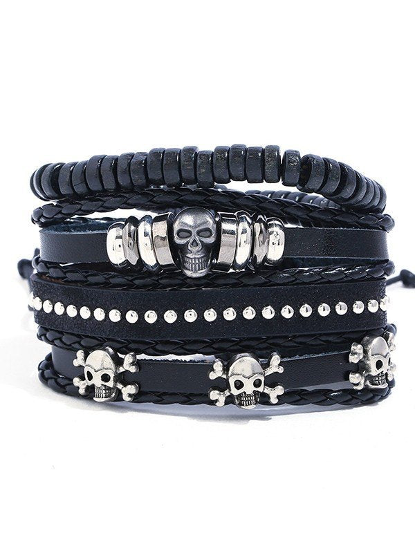 JY 4pcs Black Hip Hop Skull Pu Leather Bracelet Set/4pcs Black Hip Hop Skull Pu Leather Bracelet Set