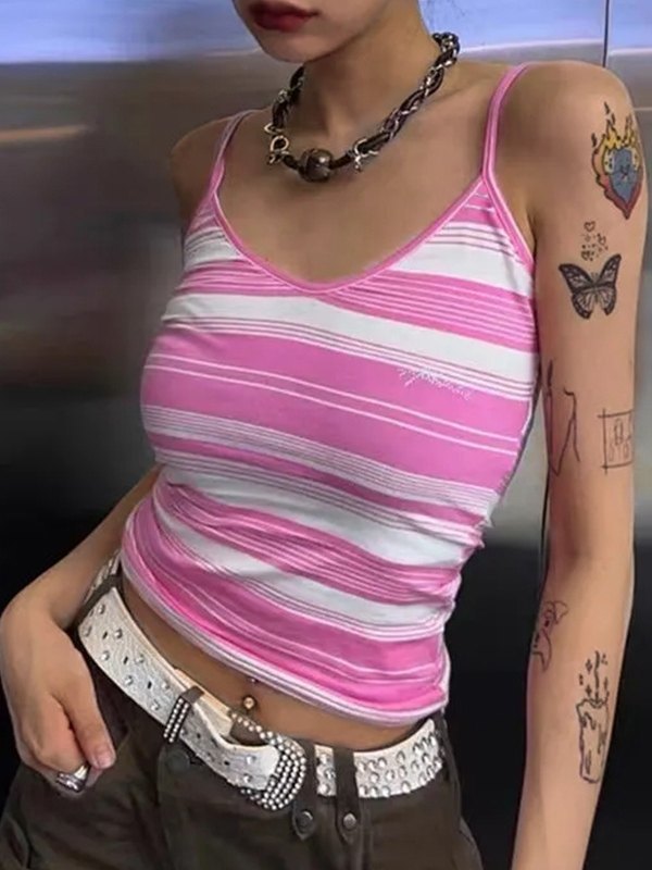 Rosa Y2k Streifenmuster Crop Cami Top